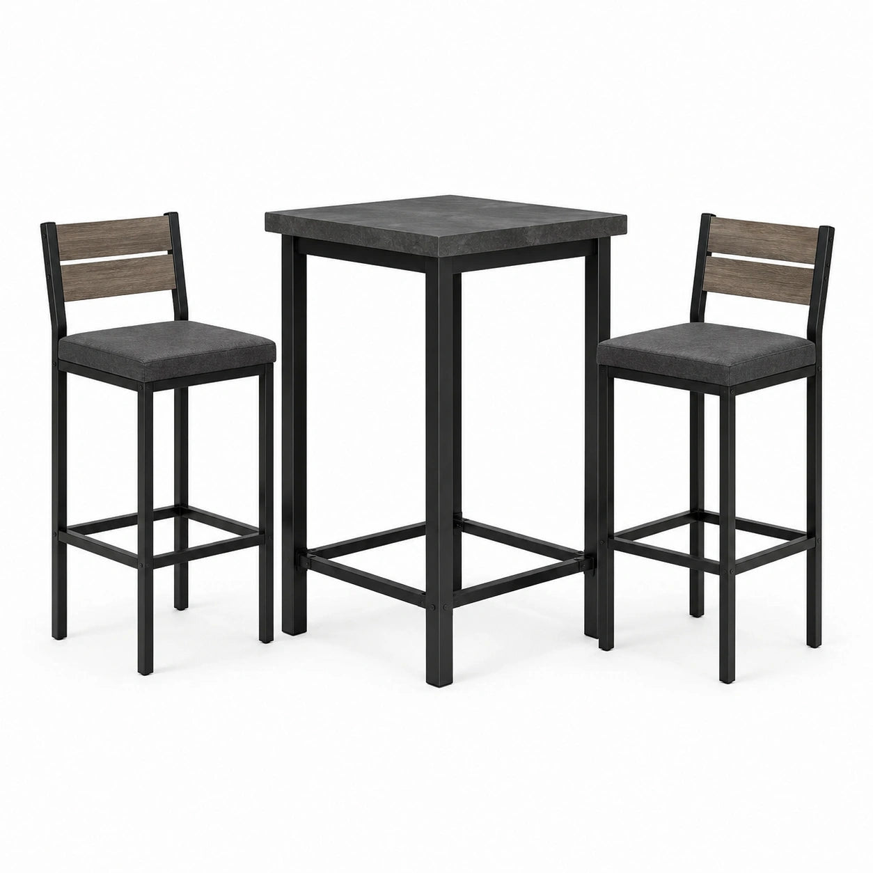 3-teiliges Bartisch-Set mit 2 gepolsterten Barstühlen, Tisch 60 × 60 × 90 cm, Stühle 40 × 45 × 95 cm, Schwarz, Dunkelgrau und Braun