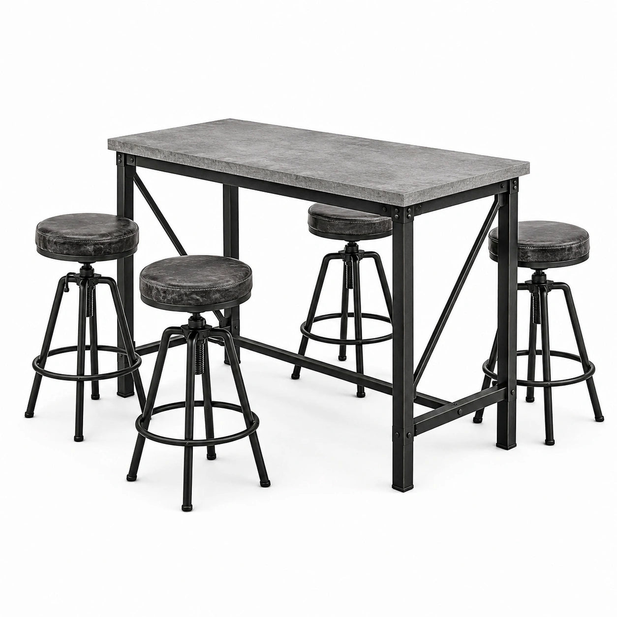 5-teiliges Bartisch-Set mit 4 höhenverstellbaren Barhockern, Tisch 120 × 60 × 90 cm, Grau-Schwarz, Industrial-Stil