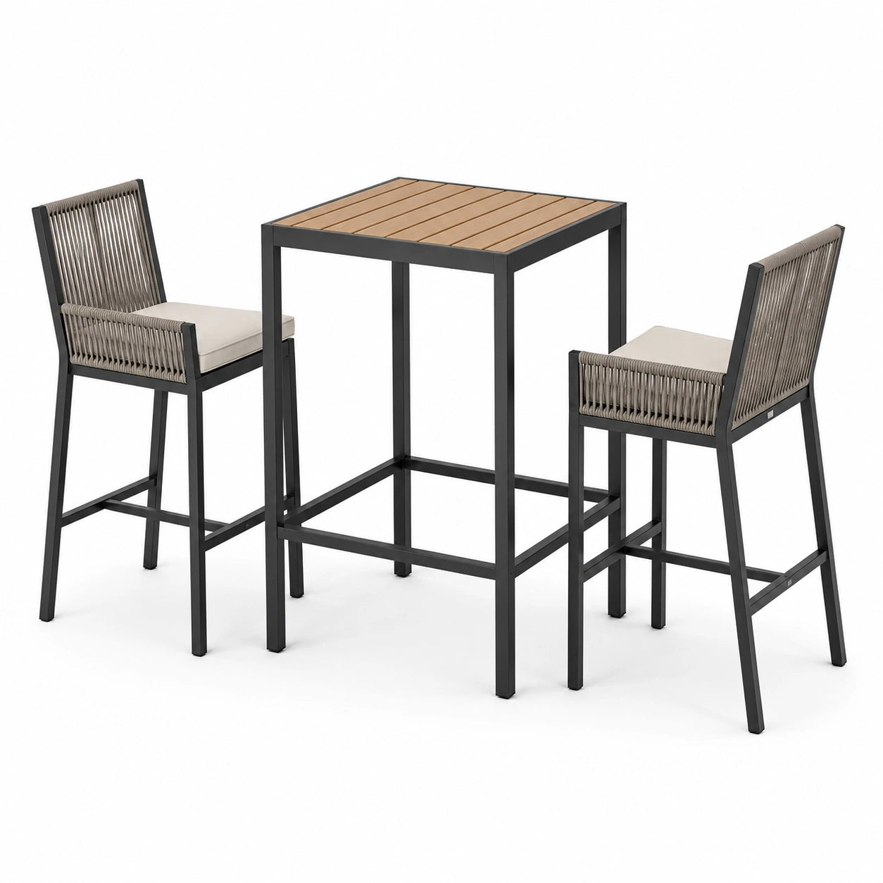 3-teiliges Gartenbar-Set mit Tisch 70 × 70 × 105 cm und 2 Stühlen 58 × 57 × 112 cm, Schwarz/Braun/Taupe/Beige