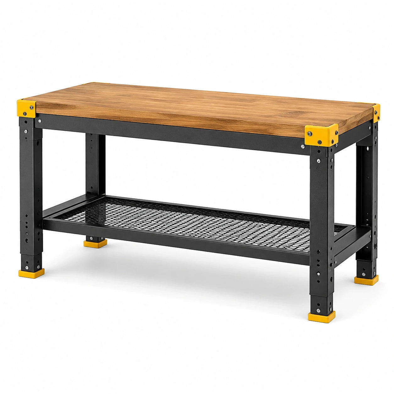 Höhenverstellbare Werkbank mit Holzarbeitsplatte und Gitterablage, Braun/Schwarz/Gelb, 120 × 60 × 90 cm
