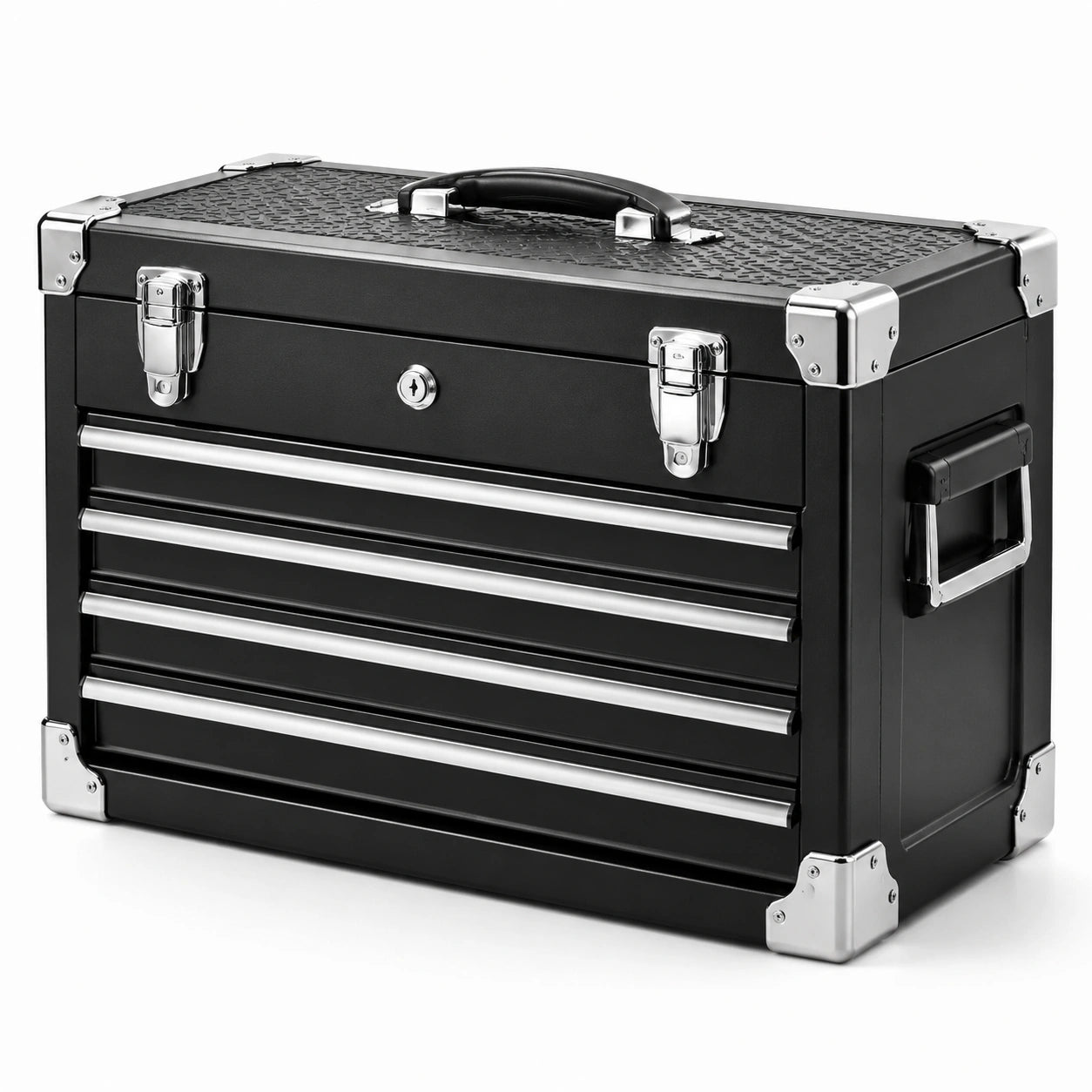Abschließbarer Metall-Werkzeugkoffer mit 4 Schubladen, 52 × 26 × 41 cm, Schwarz/Silber