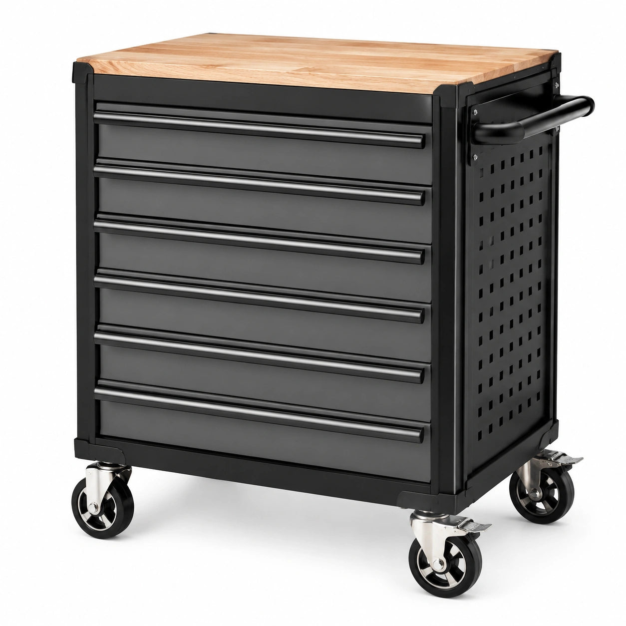 Mobiler Werkstattwagen aus schwarzem Stahl mit Holzarbeitsplatte, 6 Schubladen und Rollen, 78 × 48 × 88 cm