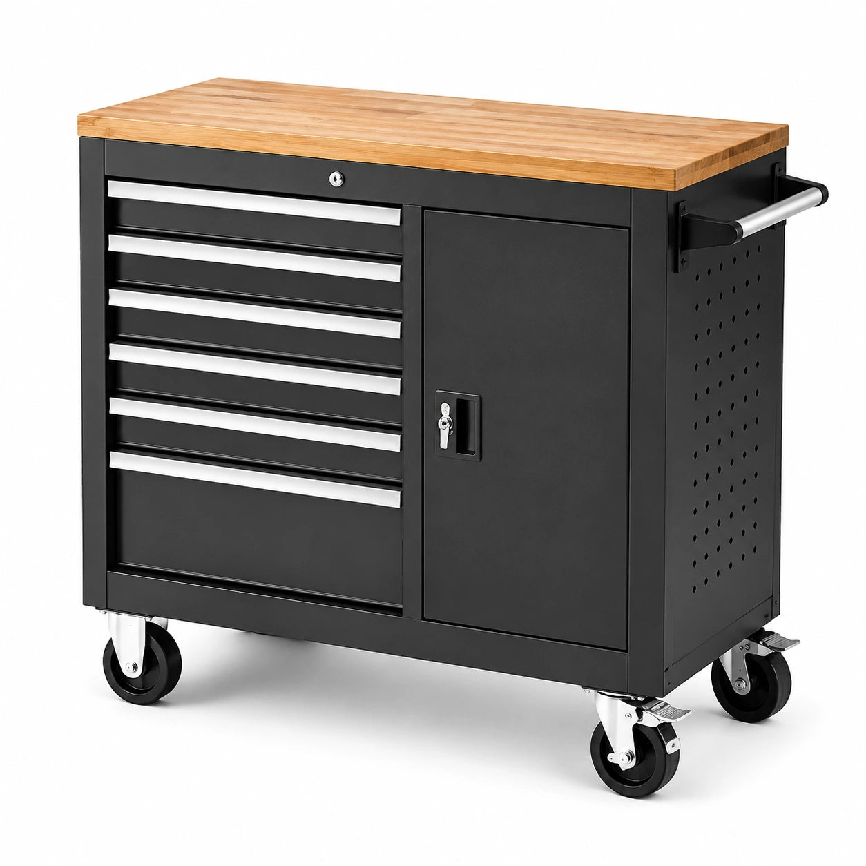 Mobiler Werkstattwagen aus Stahl mit Bambusarbeitsplatte, 112 × 52 × 96 cm, Schwarz/Natur/Silber, 6 Schubladen, abschließbarer Schrank und 4 Rollen