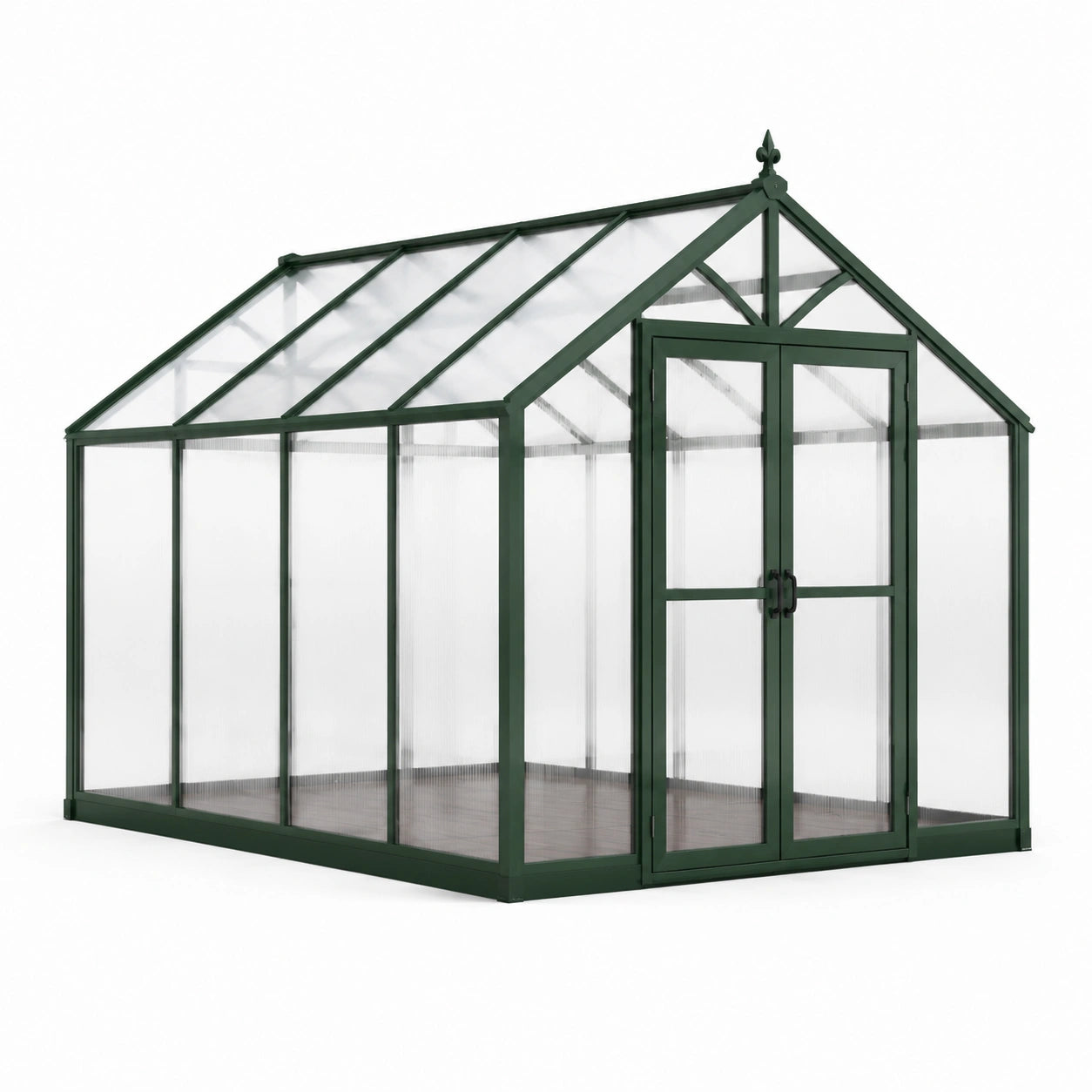 Gartengewächshaus aus Aluminium und Polycarbonat mit Doppeltür, 310 × 250 × 235 cm, Dunkelgrün/Transparent