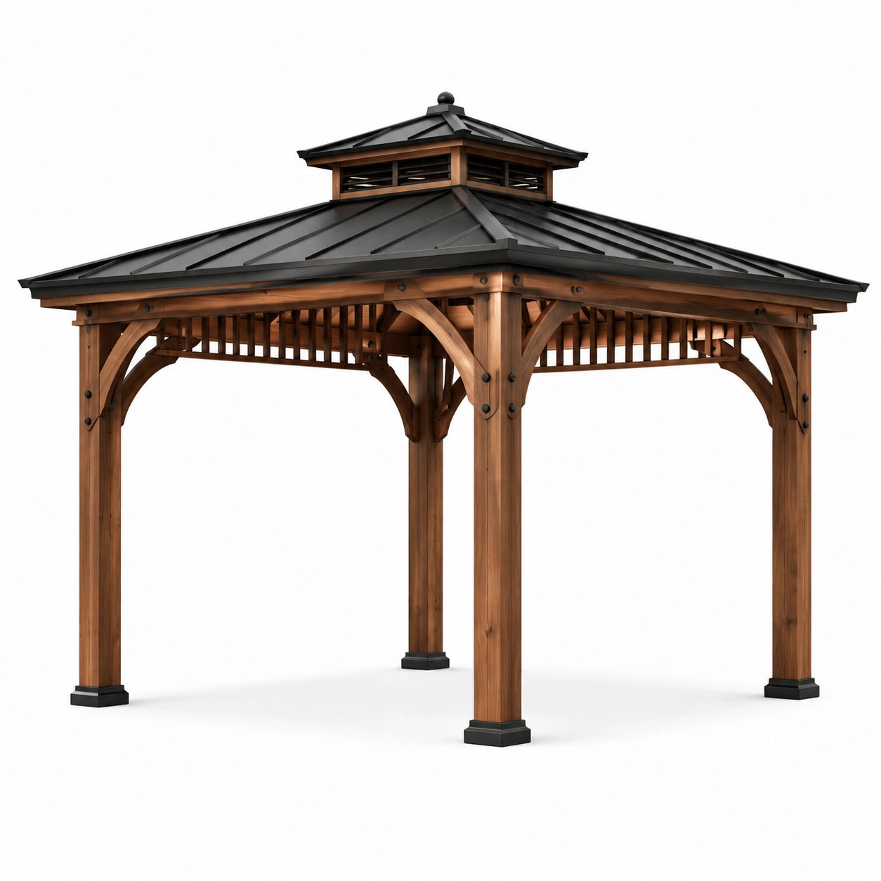 Quadratischer Gartenpavillon aus Holz und Metall mit festem Dach, Braun-Schwarz, 300 × 300 × 290 cm