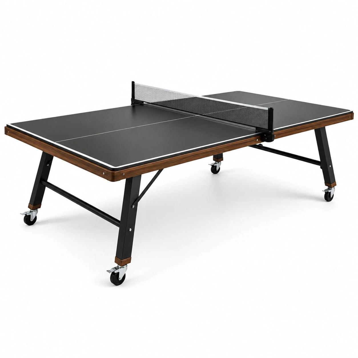 Klappbarer Tischtennistisch 274 × 152,5 × 76 cm aus Holzwerkstoff und Stahl, Schwarz, Braun und Silber, mit Netz und Rollen