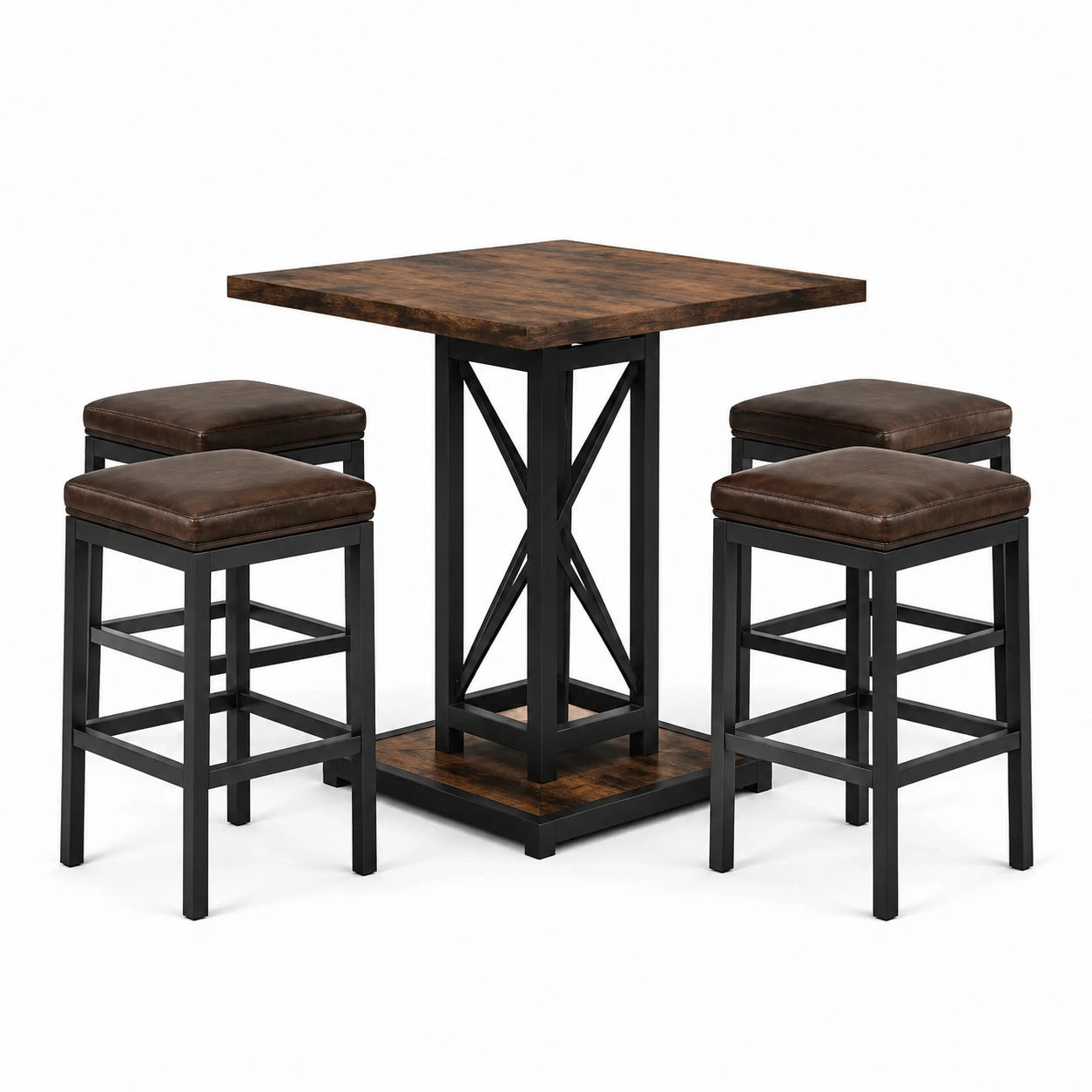 5-teiliges Bartisch-Set mit 4 gepolsterten Barhockern, Tisch 80 × 80 × 91 cm, Hocker 40 × 40 × 65 cm, Braun/Schwarz