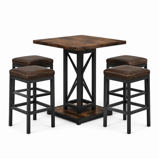 5-teiliges Bartisch-Set mit 4 gepolsterten Barhockern, Tisch 80 × 80 × 91 cm, Hocker 40 × 40 × 65 cm, Braun/Schwarz