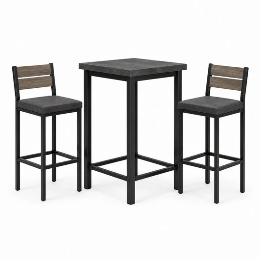 3-teiliges Bartisch-Set mit 2 gepolsterten Barstühlen, Tisch 60 × 60 × 90 cm, Stühle 40 × 45 × 95 cm, Schwarz, Dunkelgrau und Braun