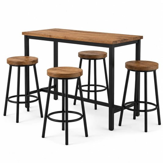 5-teiliges Bartisch-Set mit 4 Barhockern, Tisch 120 × 60 × 90 cm, Hocker Ø 32 × 65 cm, Holz und Metall, Braun-Schwarz