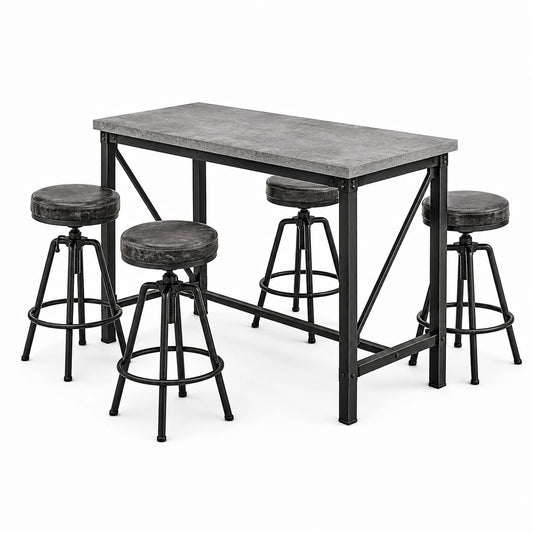 5-teiliges Bartisch-Set mit 4 höhenverstellbaren Barhockern, Tisch 120 × 60 × 90 cm, Grau-Schwarz, Industrial-Stil