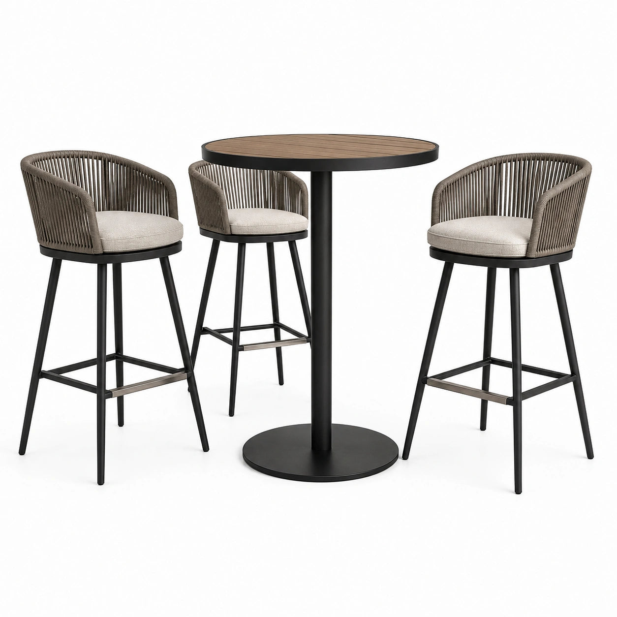 4-teiliges Bar-Set mit rundem Bartisch Ø 80 × 105 cm und 3 Barhockern 55 × 56 × 100 cm, Braun, Schwarz und Beige
