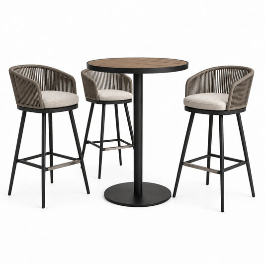 4-teiliges Bar-Set mit rundem Bartisch Ø 80 × 105 cm und 3 Barhockern 55 × 56 × 100 cm, Braun, Schwarz und Beige