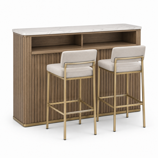 3-teiliges Bartisch-Set mit Stauraum und 2 gepolsterten Barstühlen, Bartheke 140 × 45 × 105 cm, Barstühle 48 × 52 × 96 cm, Braun, Weiß, Gold und Beige