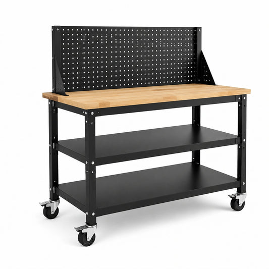 Mobile Werkbank mit Lochwand, 2 Ablageböden und 4 Rollen, 120 × 60 × 150 cm, Schwarz/Natur