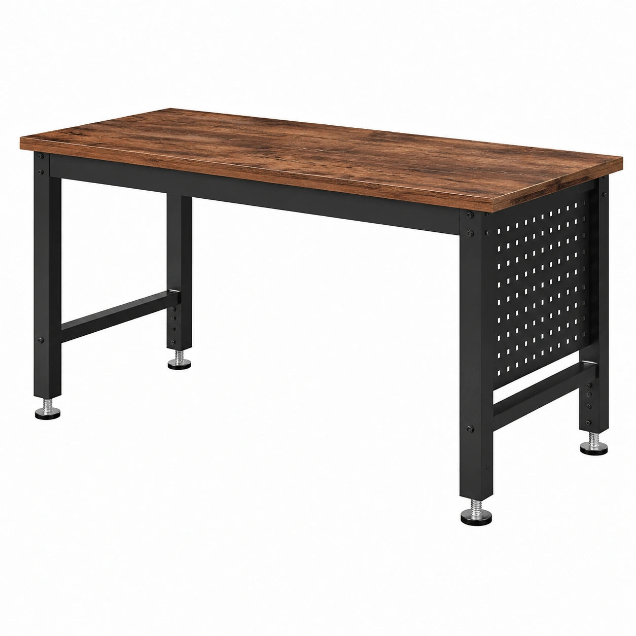 Werkbank mit seitlicher Lochwand und verstellbaren Füßen, 120 × 60 × 90 cm, Holzwerkstoff und Stahl, Braun/Schwarz