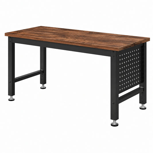 Werkbank mit seitlicher Lochwand und verstellbaren Füßen, 120 × 60 × 90 cm, Holzwerkstoff und Stahl, Braun/Schwarz