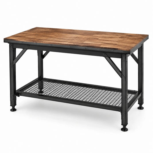 Werkbank mit Holzarbeitsplatte und Gitterablage, 120 × 60 × 90 cm, Braun und Schwarz