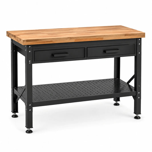 Werkbank aus Stahl und Holz mit 2 Schubladen und Ablageboden, Schwarz/Natur, 120 × 60 × 90 cm