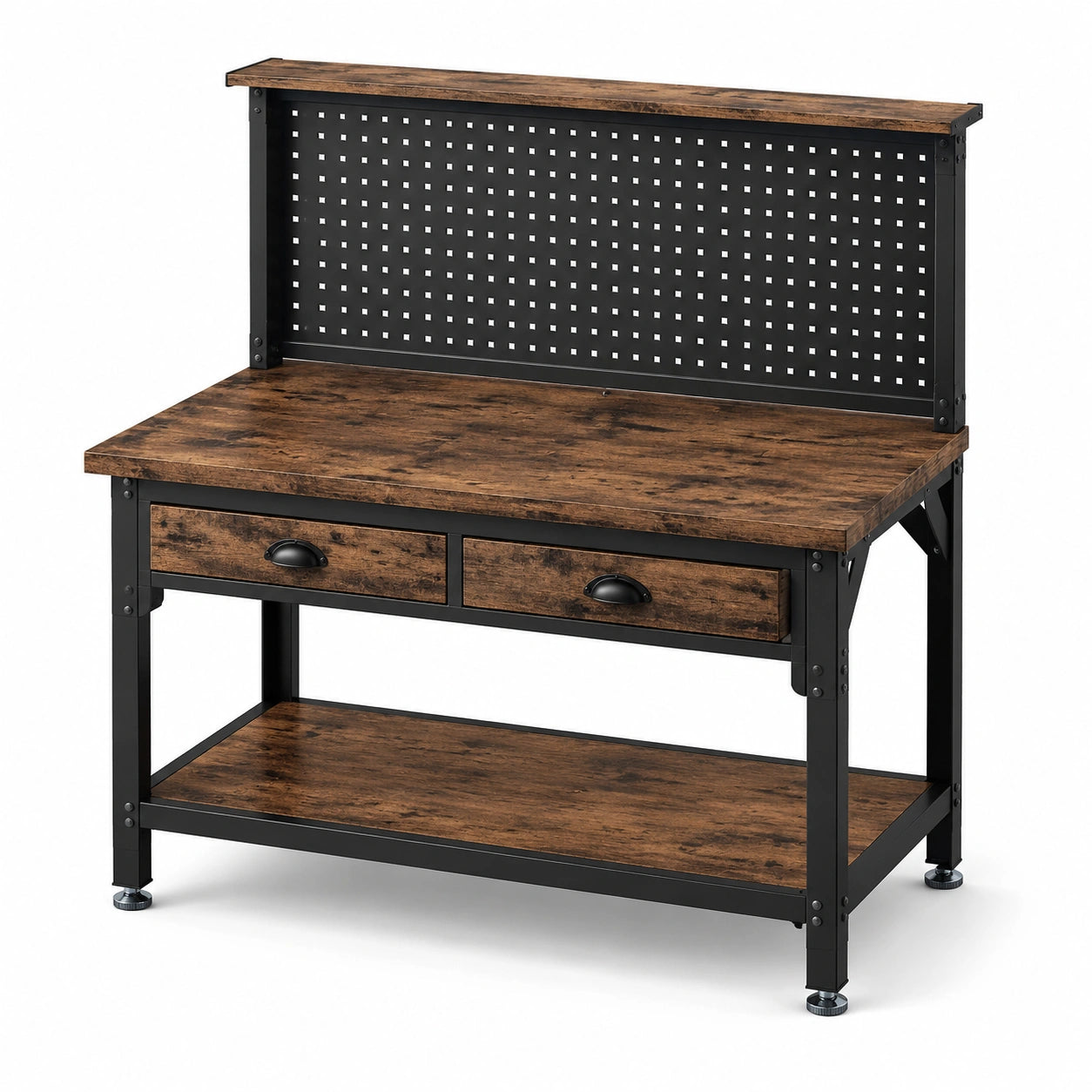 Werkbank mit Lochwand, 2 Schubladen und 2 Ablagen, 120 × 60 × 150 cm, Braun und Schwarz