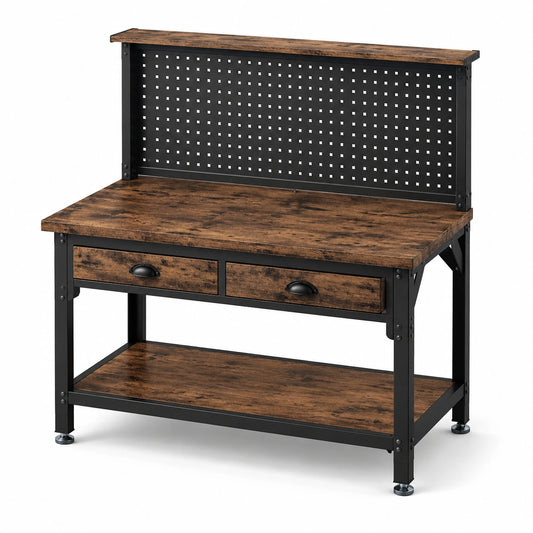 Werkbank mit Lochwand, 2 Schubladen und 2 Ablagen, 120 × 60 × 150 cm, Braun und Schwarz