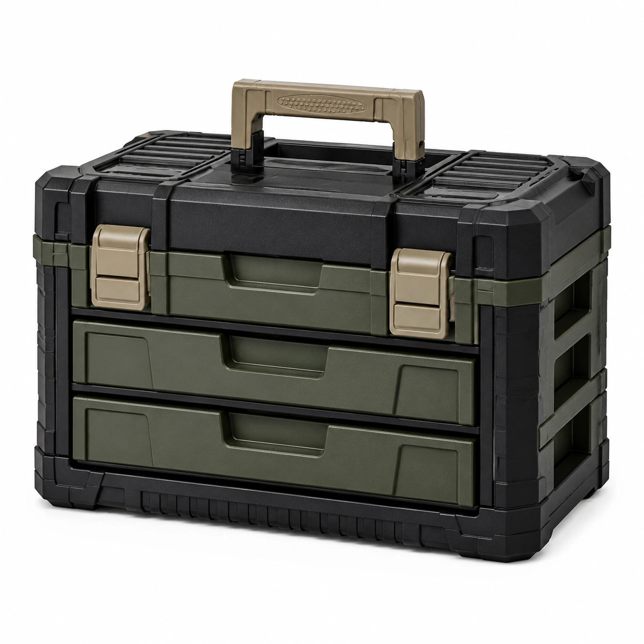 Tragbarer Werkzeugkasten aus Kunststoff mit 2 Schubladen, 56 × 35 × 41 cm, Schwarz/Olivgrün/Khaki