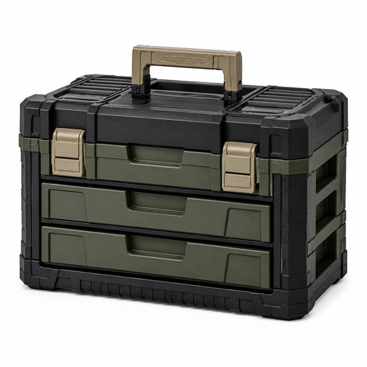 Tragbarer Werkzeugkasten aus Kunststoff mit 2 Schubladen, 56 × 35 × 41 cm, Schwarz/Olivgrün/Khaki