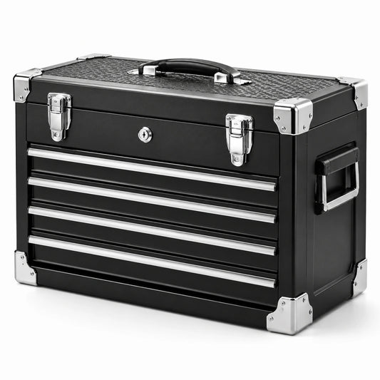 Abschließbarer Metall-Werkzeugkoffer mit 4 Schubladen, 52 × 26 × 41 cm, Schwarz/Silber