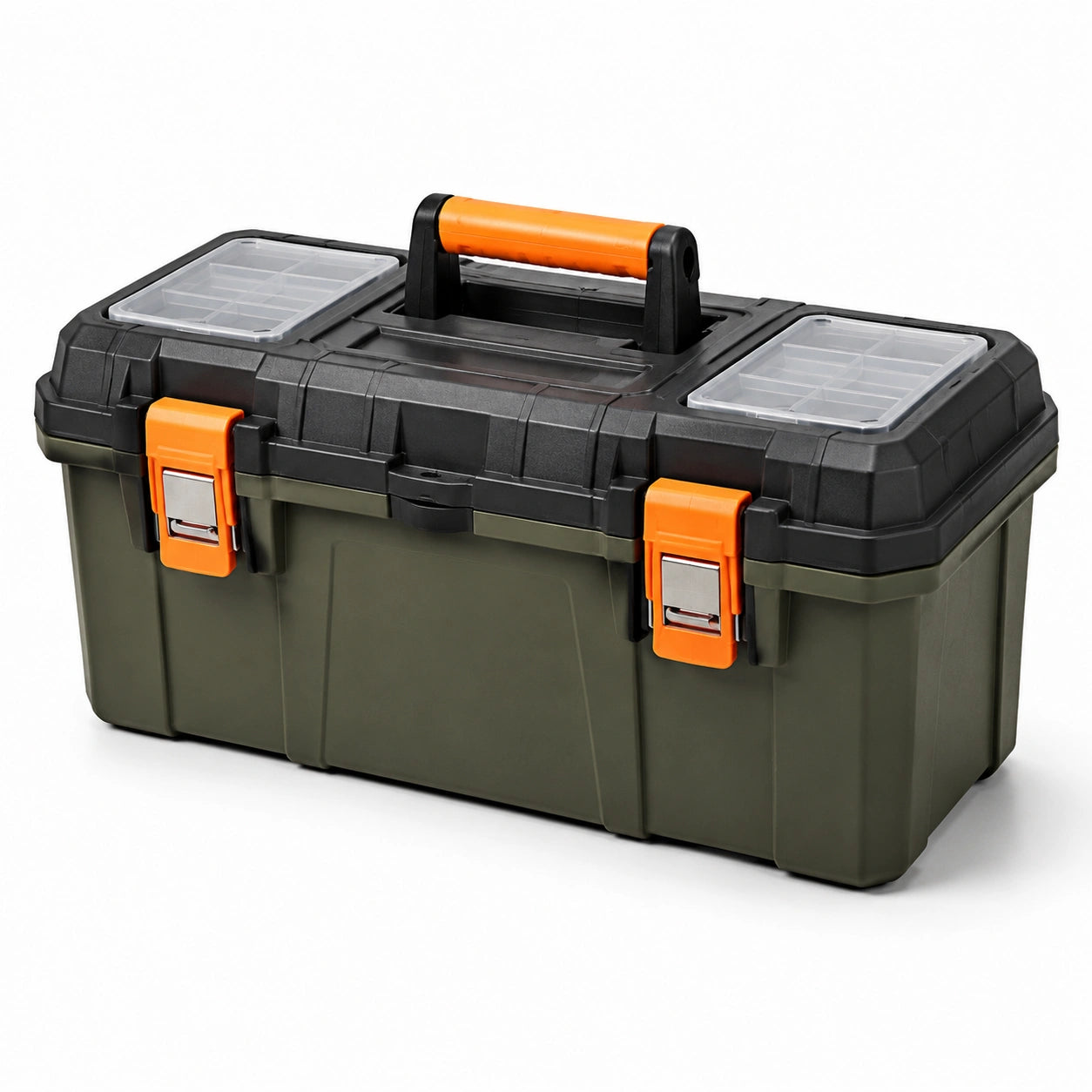 Robuster Werkzeugkoffer mit Kleinteilefächern und Klappgriff, 50 × 25 × 25 cm, Olivgrün, Schwarz und Orange