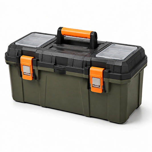 Robuster Werkzeugkoffer mit Kleinteilefächern und Klappgriff, 50 × 25 × 25 cm, Olivgrün, Schwarz und Orange