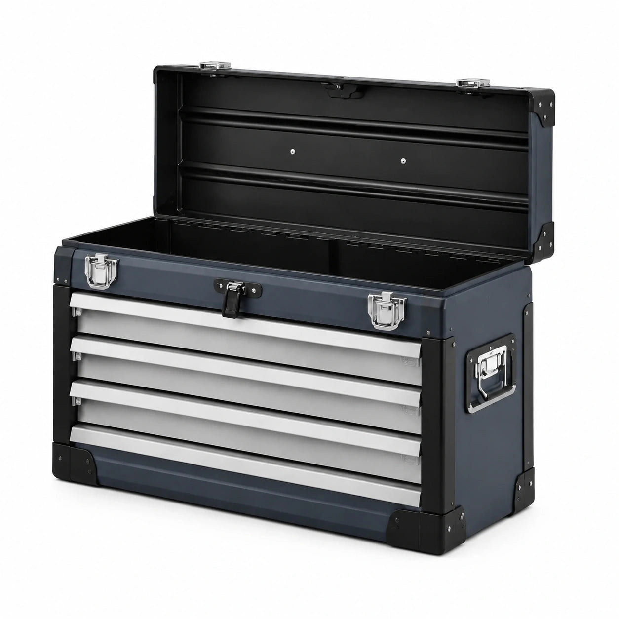 Stahl-Werkzeugkoffer mit 4 Schubladen und Tragegriffen, 66 × 30 × 44 cm, Anthrazit, Silber und Schwarz