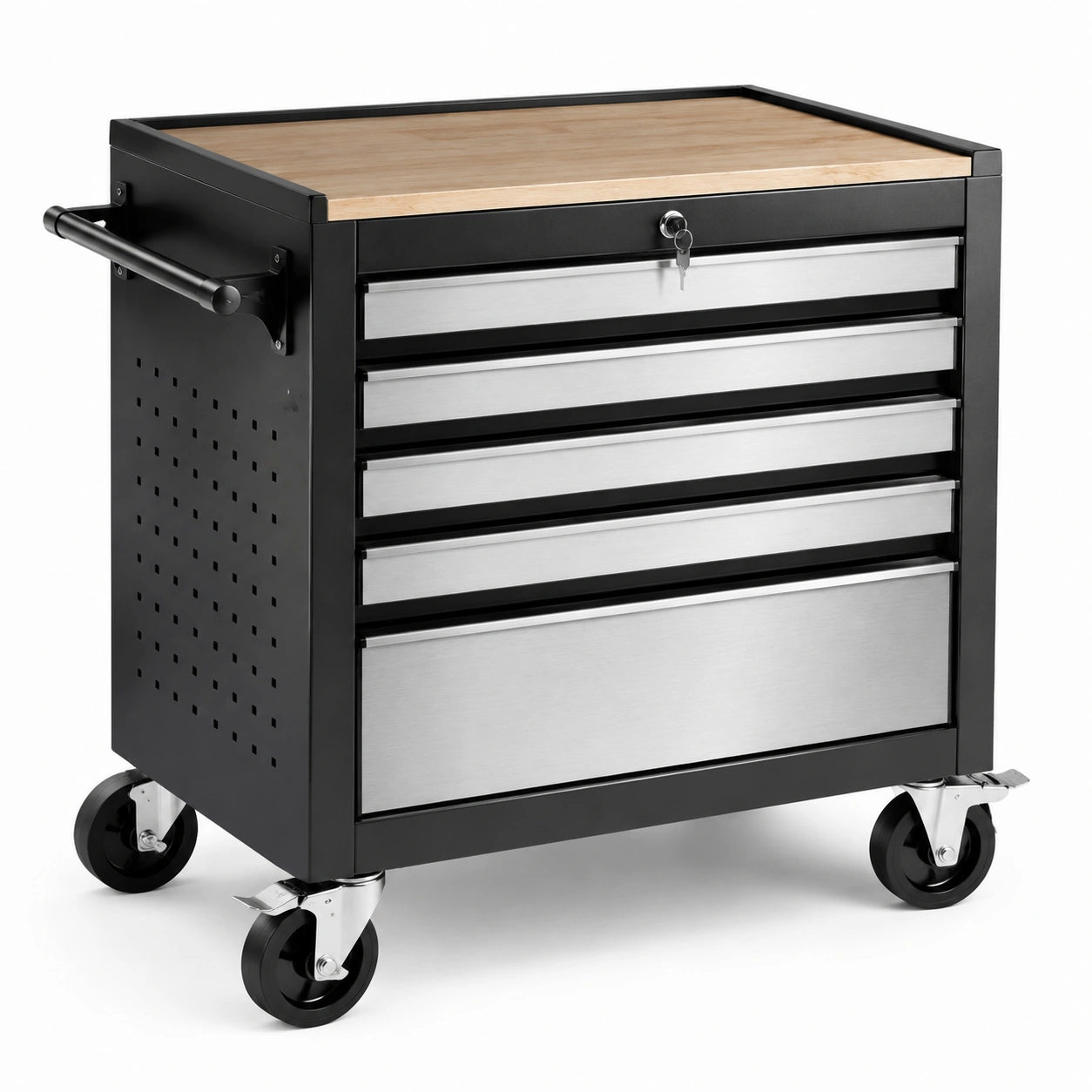 Mobiler Werkzeugwagen aus Stahl und Holz, Schwarz/Silber/Natur, 75 × 45 × 82 cm, 5 abschließbare Schubladen