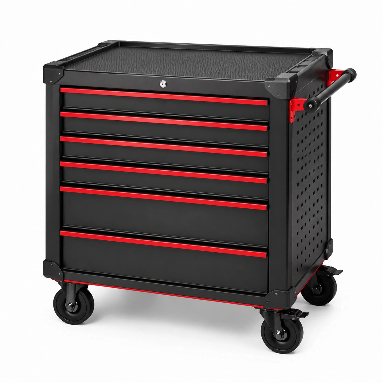Mobiler Werkzeugwagen aus Stahl mit 6 abschließbaren Schubladen, Schwarz-Rot, 77 × 46 × 97 cm