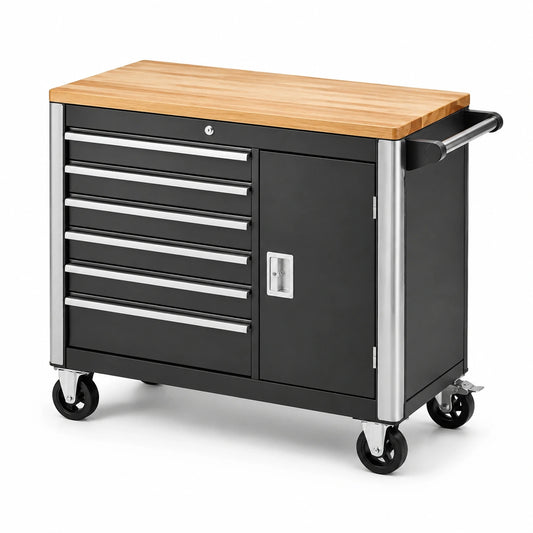 Mobiler Werkstattwagen aus Stahl mit Holzarbeitsplatte, 6 Schubladen, Seitenschrank und Rollen, 94 × 48 × 92 cm, Schwarz/Silber/Natur