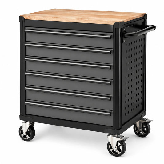 Mobiler Werkstattwagen aus schwarzem Stahl mit Holzarbeitsplatte, 6 Schubladen und Rollen, 78 × 48 × 88 cm