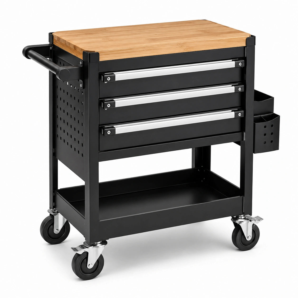 Mobiler Werkstattwagen mit Holzarbeitsplatte, 3 Schubladen und 4 Rollen, Schwarz/Natur/Silber, 80 × 40 × 90 cm