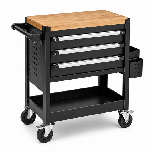 Mobiler Werkstattwagen mit Holzarbeitsplatte, 3 Schubladen und 4 Rollen, Schwarz/Natur/Silber, 80 × 40 × 90 cm