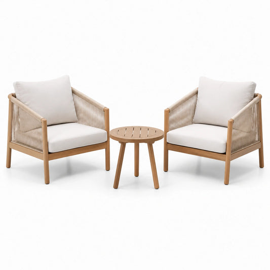 3-teiliges Gartenmöbel-Set mit 2 Sesseln 72 × 75 × 78 cm und rundem Beistelltisch Ø 50 × 45 cm, Natur, Beige und Cremeweiß