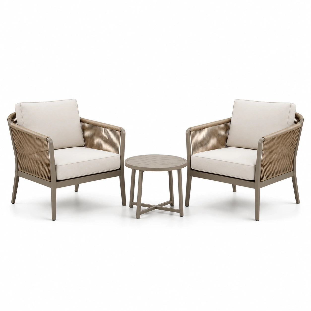 3-teiliges Gartenmöbel-Set in Taupe und Beige – 2 Sessel à 76 × 78 × 82 cm und runder Beistelltisch Ø 50 × 45 cm