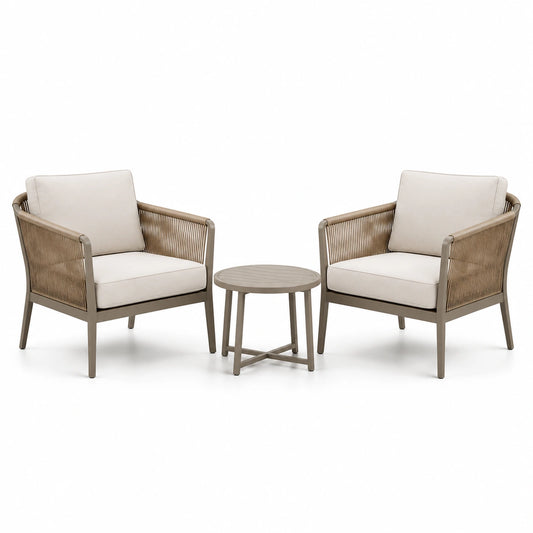 3-teiliges Gartenmöbel-Set in Taupe und Beige – 2 Sessel à 76 × 78 × 82 cm und runder Beistelltisch Ø 50 × 45 cm