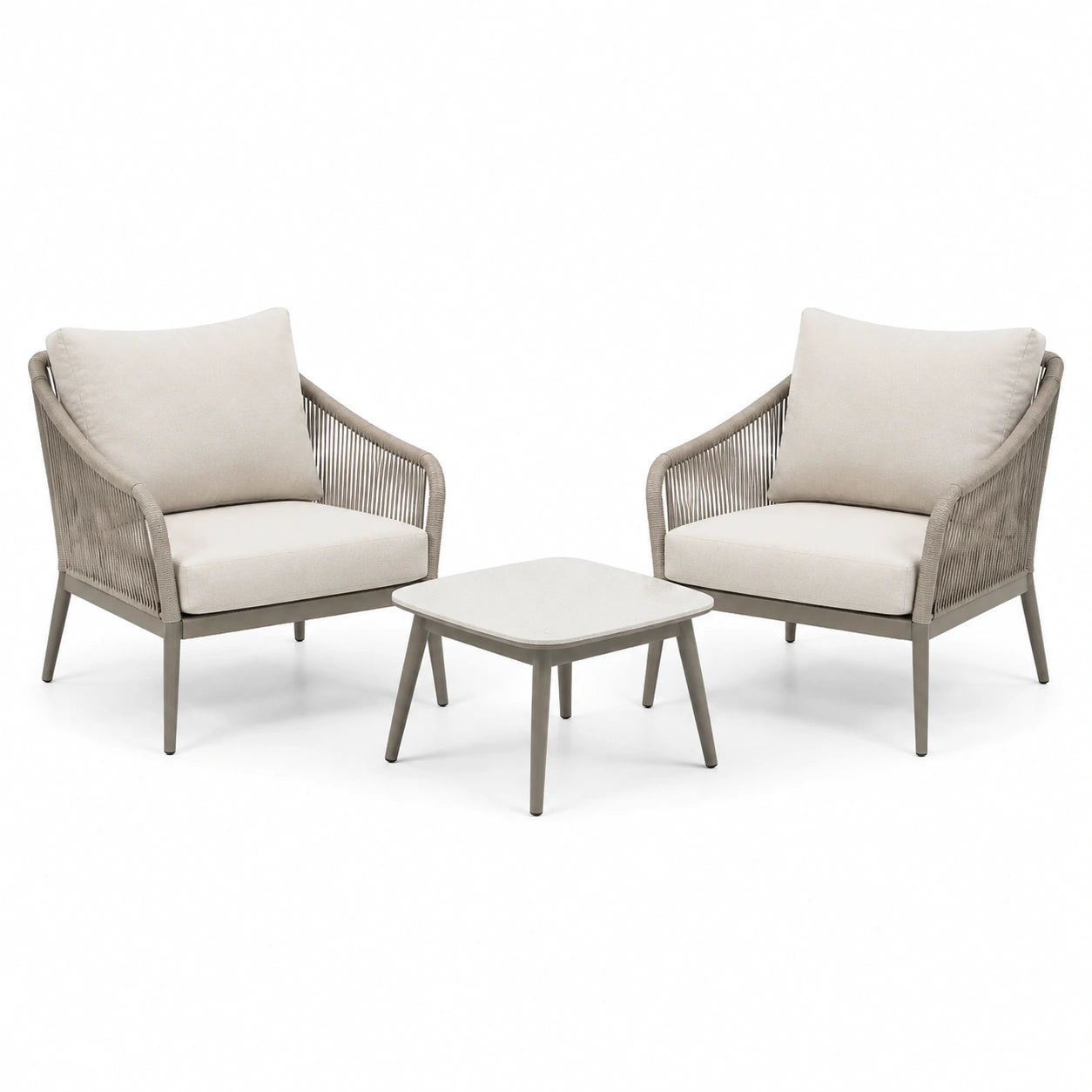 3-teiliges Gartenmöbel-Set in Taupe und Beige, Sessel je 75 × 78 × 80 cm, Tisch 60 × 60 × 40 cm