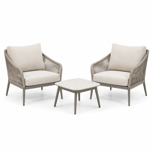 3-teiliges Gartenmöbel-Set in Taupe und Beige, Sessel je 75 × 78 × 80 cm, Tisch 60 × 60 × 40 cm