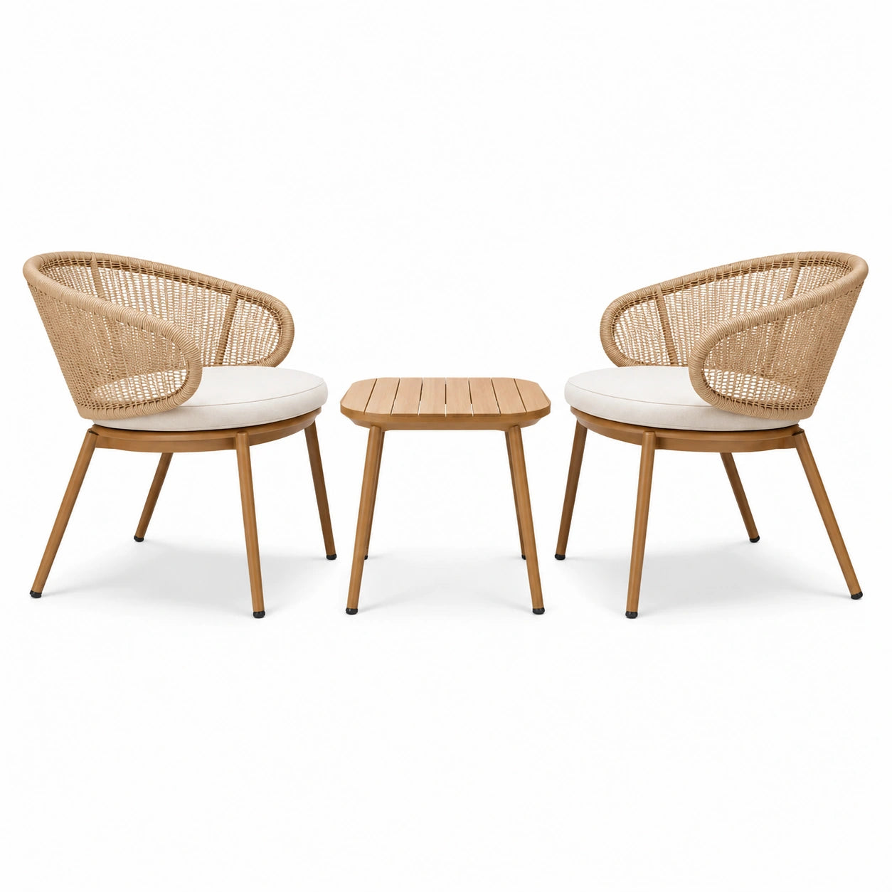 3-teiliges Polyrattan-Sitzensemble in Naturbraun, Creme und Braun – 2 Sessel 64 × 62 × 76 cm, Tisch 50 × 50 × 45 cm