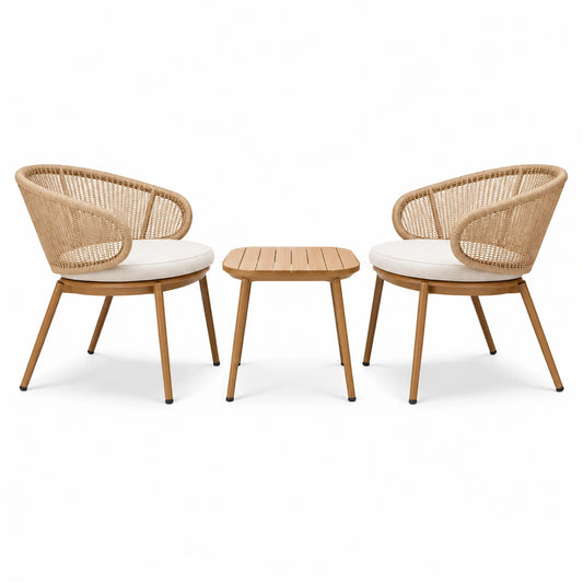 3-teiliges Polyrattan-Sitzensemble in Naturbraun, Creme und Braun – 2 Sessel 64 × 62 × 76 cm, Tisch 50 × 50 × 45 cm