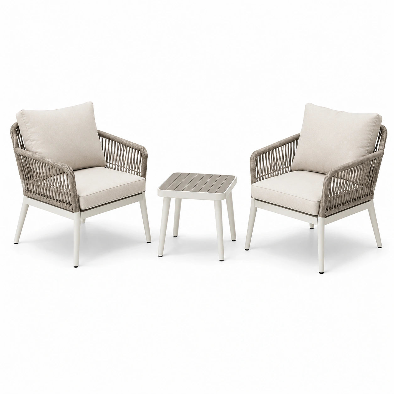 3-teiliges Gartenmöbel-Set mit 2 Sesseln 68 × 72 × 82 cm und Beistelltisch 45 × 45 × 45 cm, Beige/Taupe/Cremeweiß