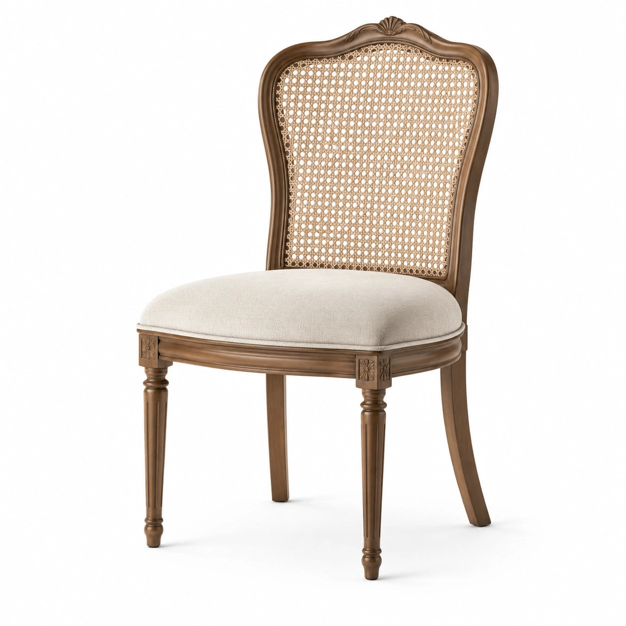 Klassischer Esszimmerstuhl aus Holz mit Rohrgeflecht und Polstersitz, Braun, Beige und Natur, 50 × 56 × 98 cm