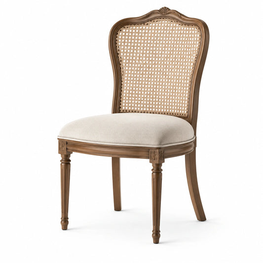 Klassischer Esszimmerstuhl aus Holz mit Rohrgeflecht und Polstersitz, Braun, Beige und Natur, 50 × 56 × 98 cm