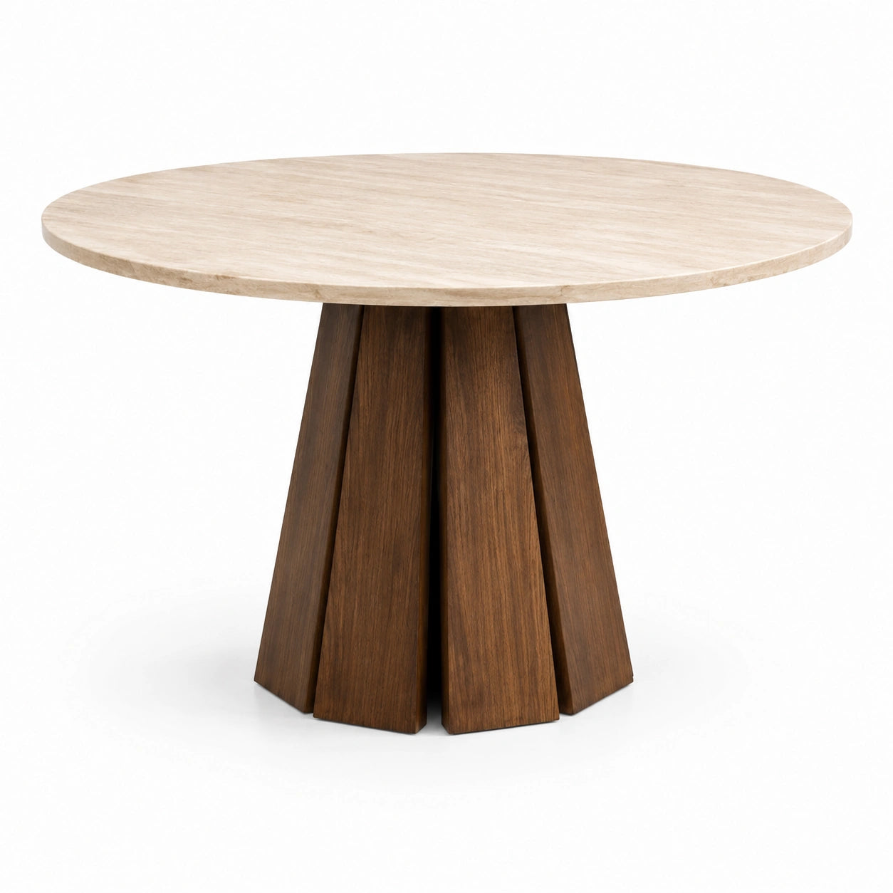 Runder Esstisch Ø 120 × H 76 cm, Beige und Braun, Stein- und Holzoptik, modernes Säulengestell