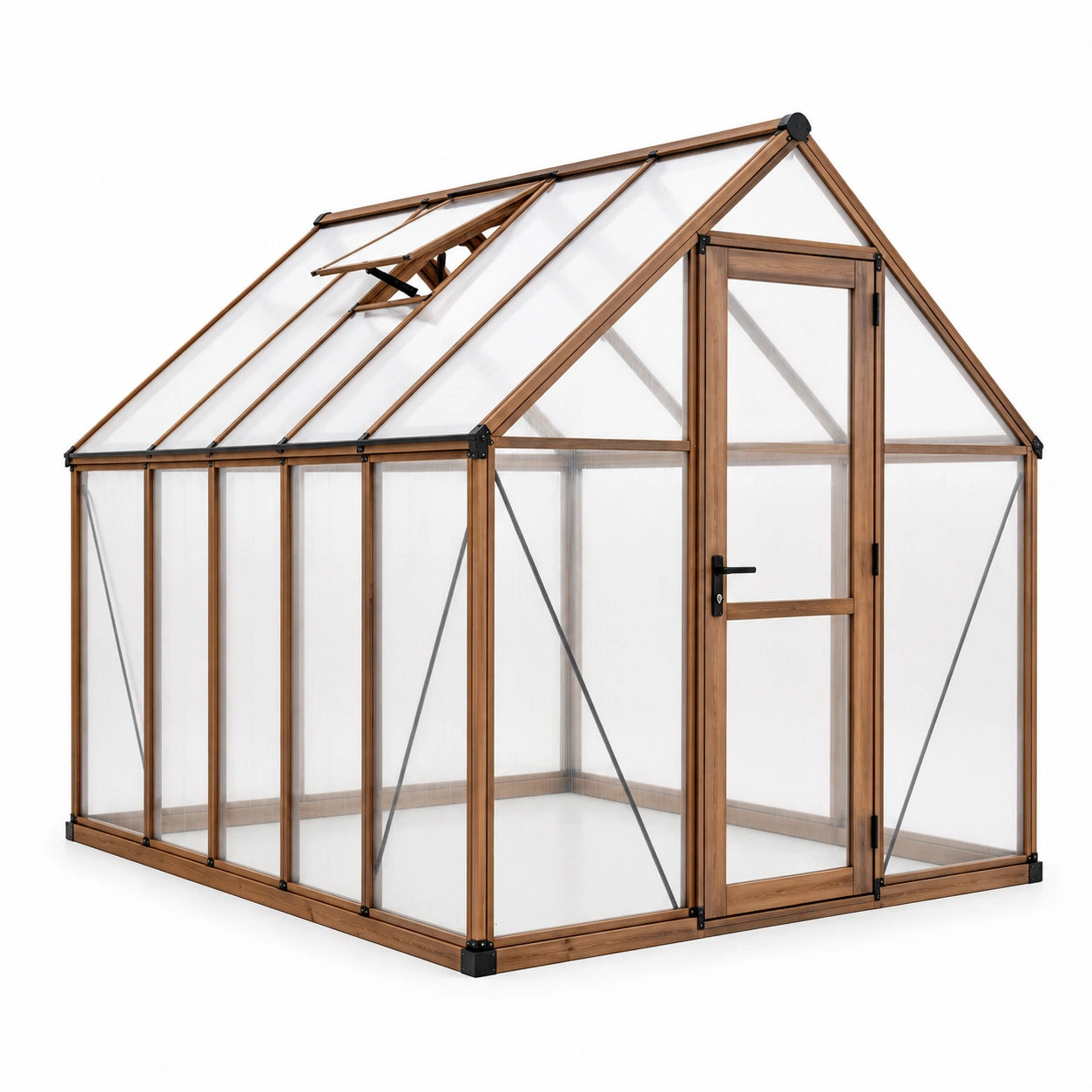 Gewächshaus aus Holz und Polycarbonat mit Tür und Dachfenster, 240 × 180 × 220 cm, Braun/Transparent/Schwarz