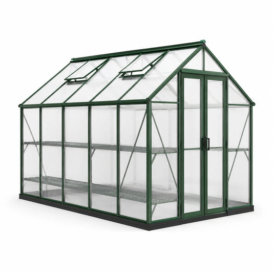 Gewächshaus 244 × 183 × 213 cm mit grünem Aluminiumrahmen, transparenten Polycarbonatplatten, Doppeltür und 2 Dachfenstern